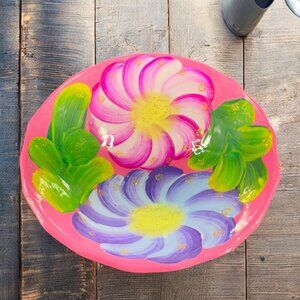 Vintage Hand Made Mexico Pottery Dish Bowl Footed Small‎ Dish Pink Flowers Decor